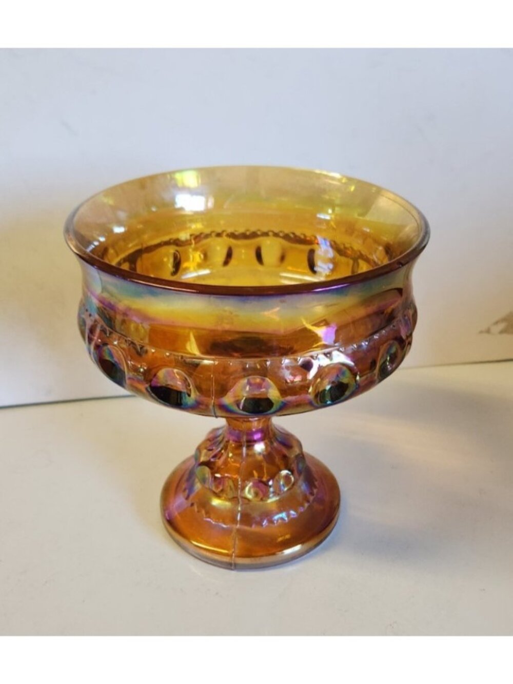 Vtg Unsigned Carnival Ware Iridescent Amber Colored Pedestal Candy/Compote Bowl